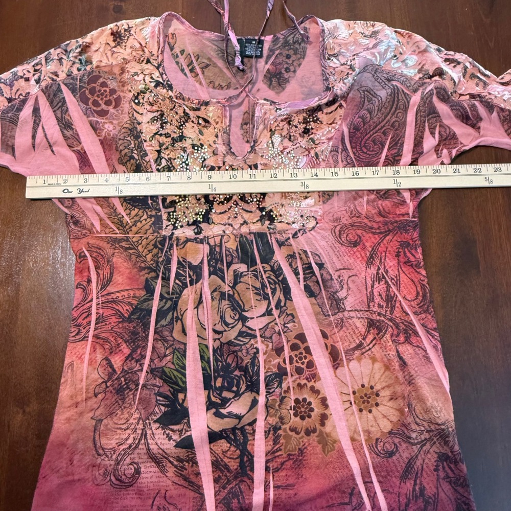 Womens Y2K Babydoll Fairy Grunge Top M Pink Velvet Burnout Panels Bling Whimsy - Picture 9 of 11